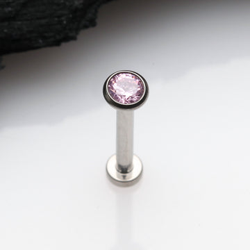 Detail View 1 of Implant Grade Titanium OneFit Threadless Gem Bezel Set Top Flat Back Stud Labret-Pink
